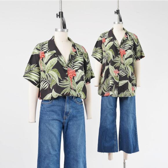 Vintage Tops - Vintage 90s Hawaiian Shirt Tropical Floral Blouse Black Aloha Button Up 1X 2X